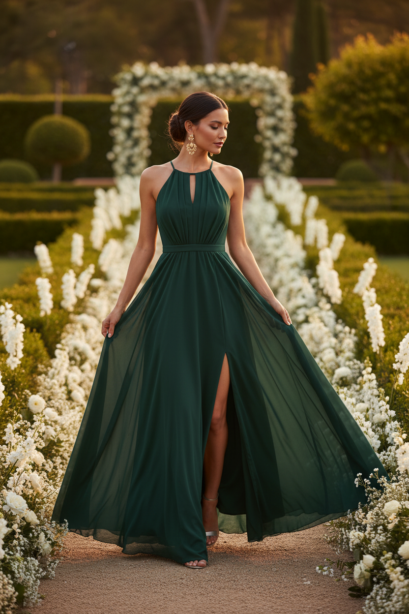 Vestido halter verde botella - caminando