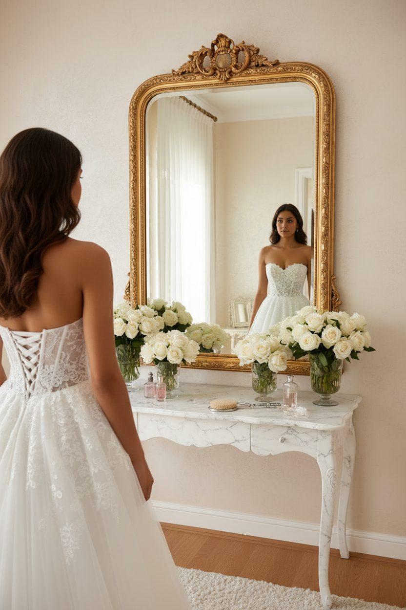Vestido novia vista trasera en espejo probador