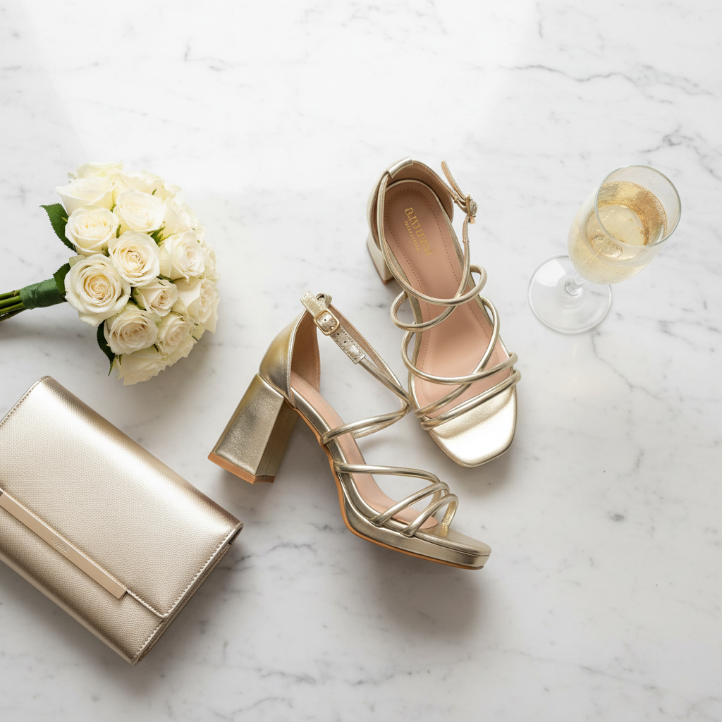 Sandalias doradas tacón plataforma - flat lay styling mármol rosas champán