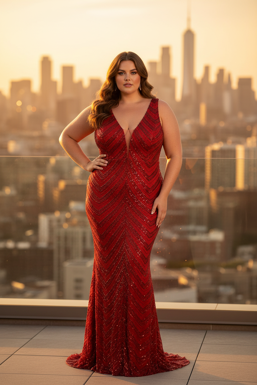 Vestido Sirena Lentejuelas Rojo - Rooftop atardecer