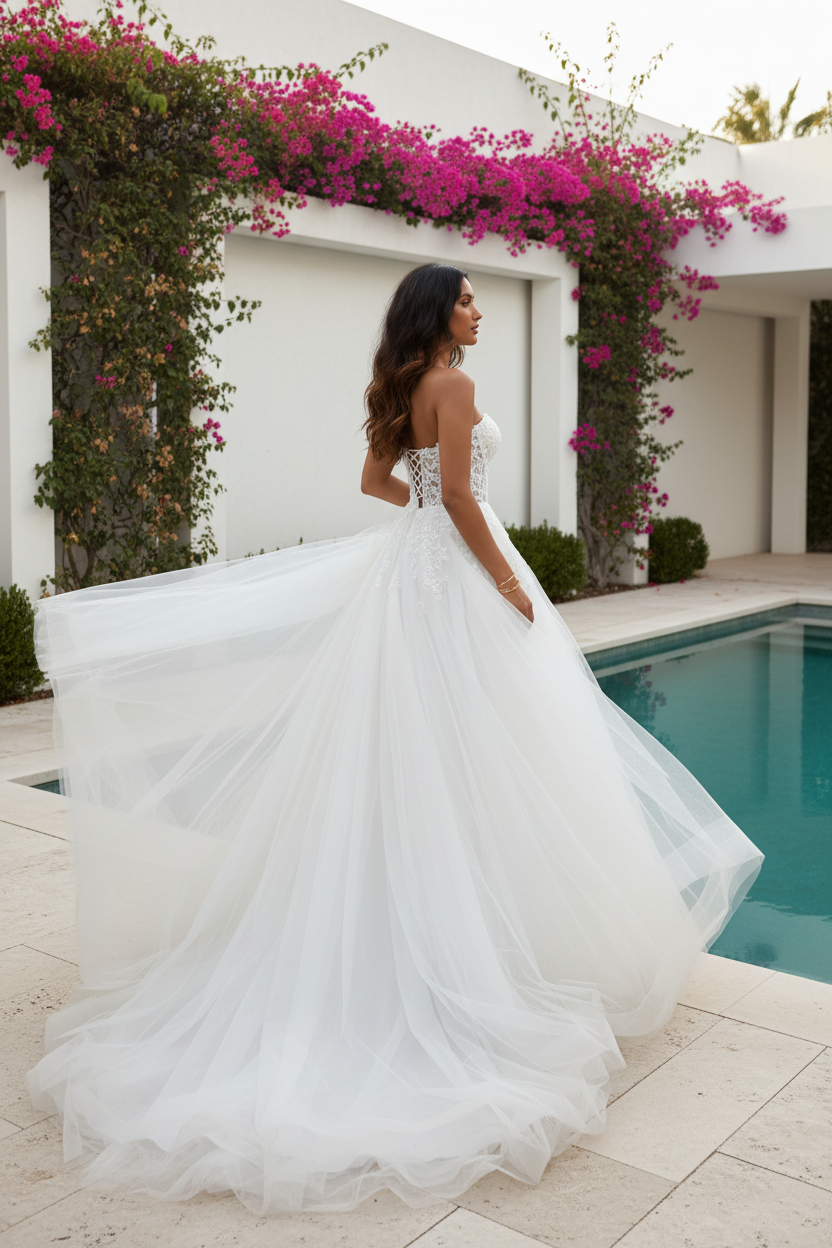 Vestido novia jardín villa de lujo vista lateral