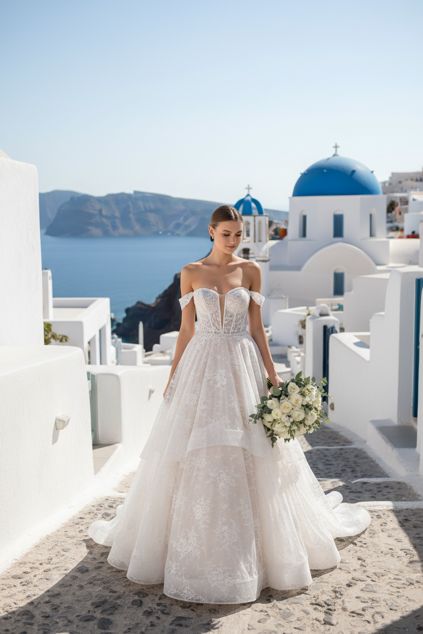 Vestido de Novia Isabel en Santorini Grecia