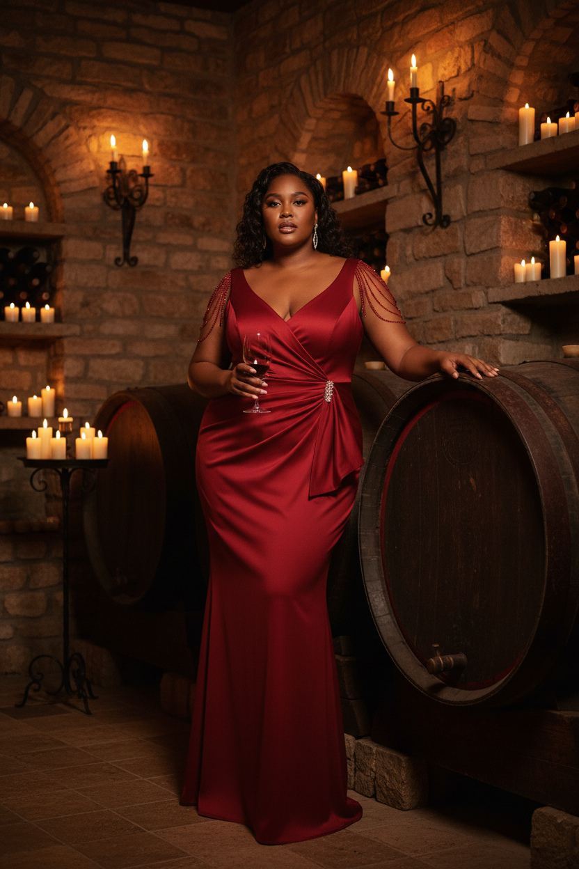 Vestido sirena burdeos curvy en bodega de piedra