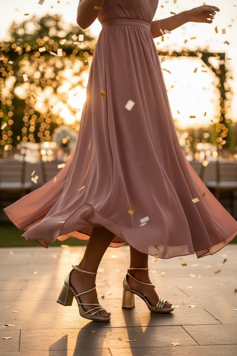 Sandalias doradas tacón plataforma - boda exterior atardecer baile