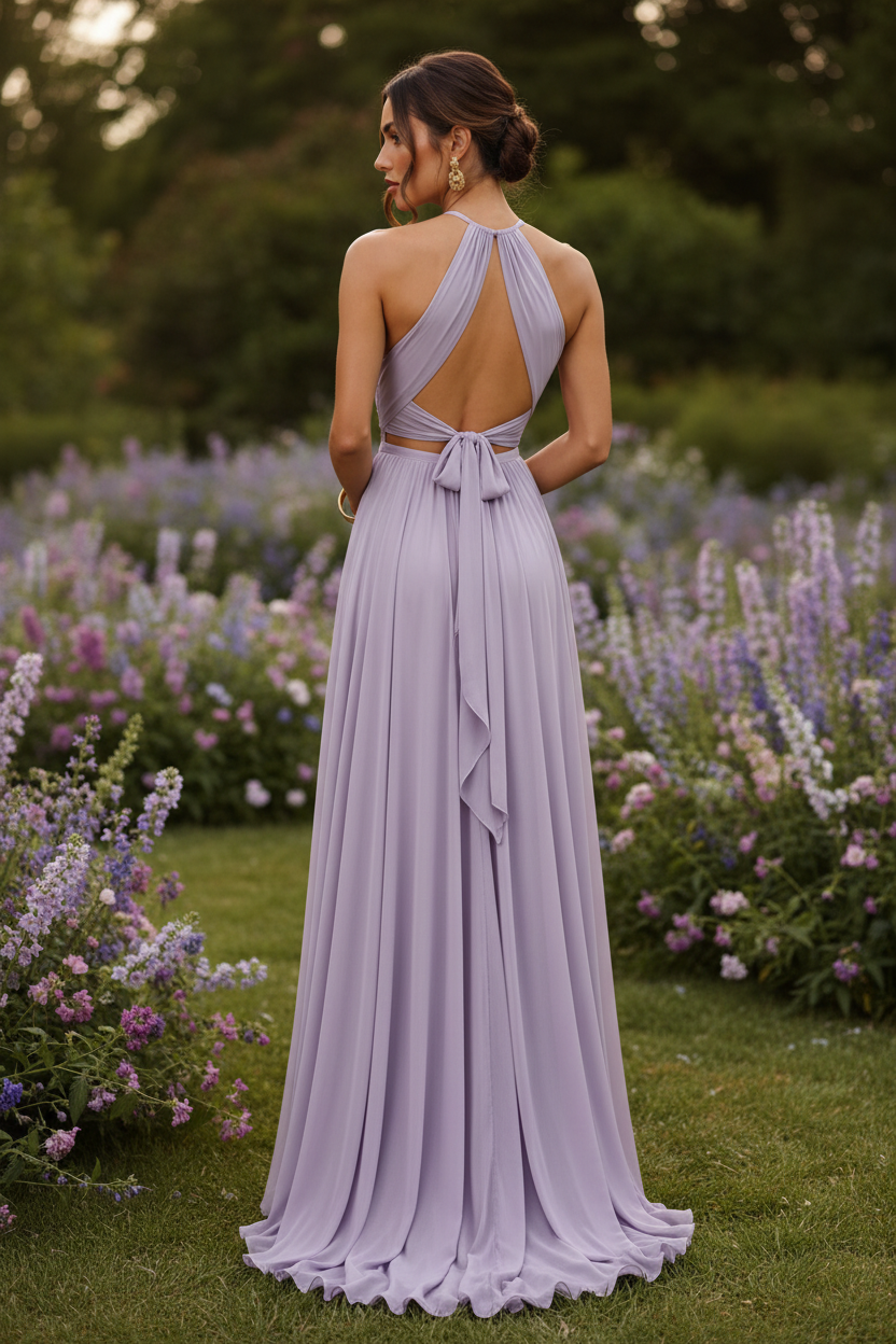 Vestido halter lila lavanda - espalda abierta con lazo