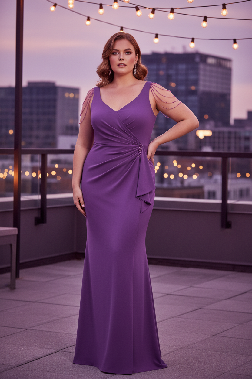 Vestido sirena morado medio curvy en terraza con luces