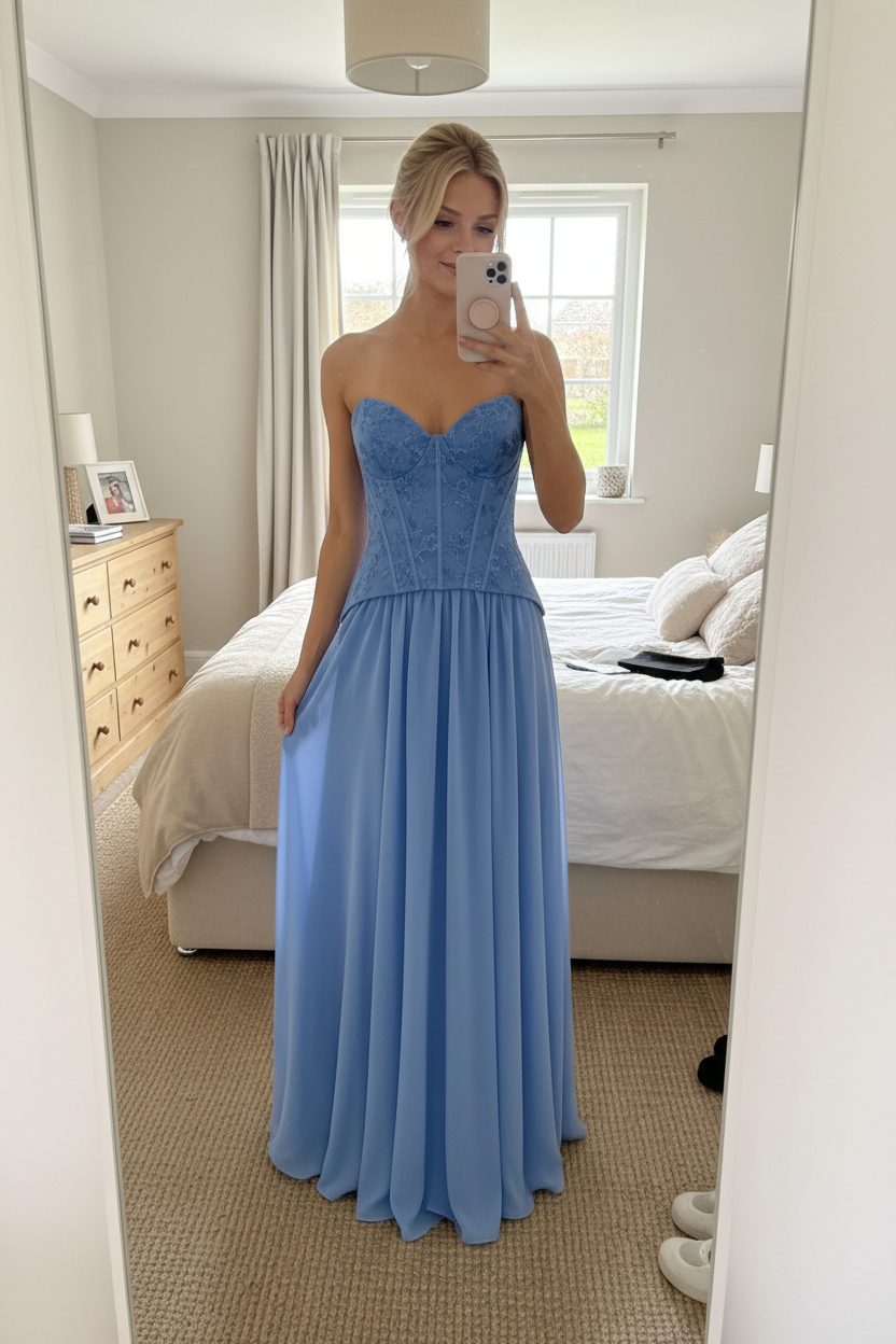 Vestido azul aciano corset - selfie espejo dormitorio