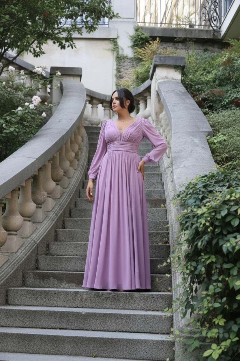 Vestido Gasa Manga Talla Grande Lila Claro - Escalinata parisina
