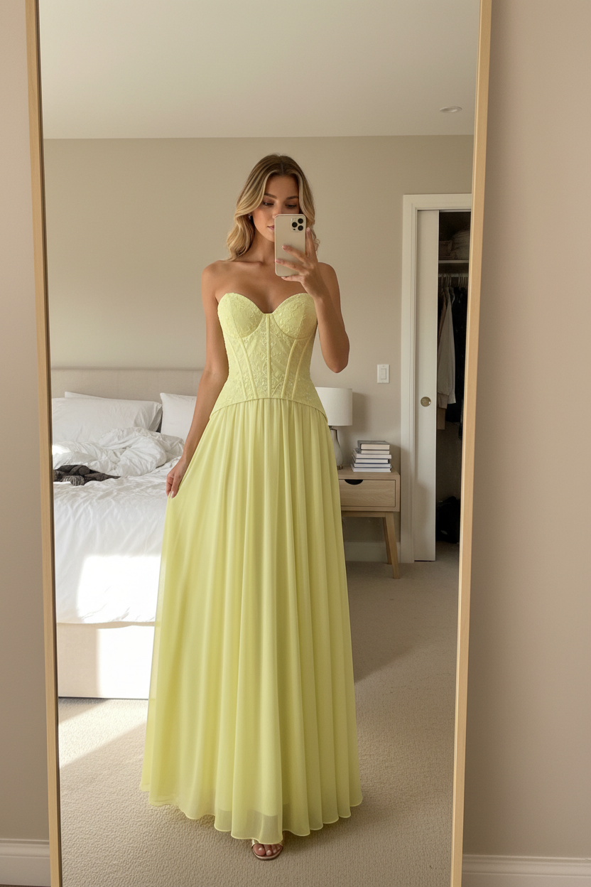 Vestido amarillo lima corset - selfie espejo dormitorio