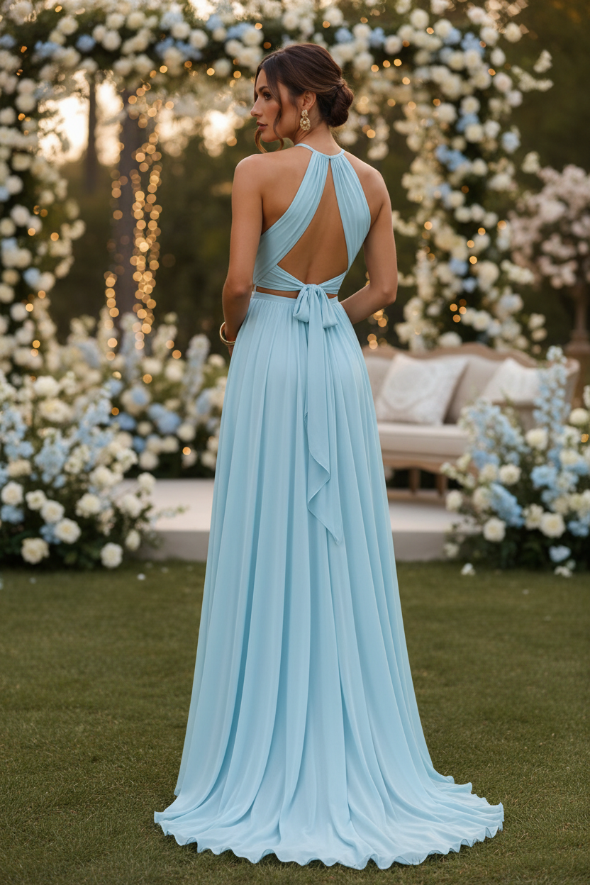 Vestido halter azul cielo - espalda abierta con lazo