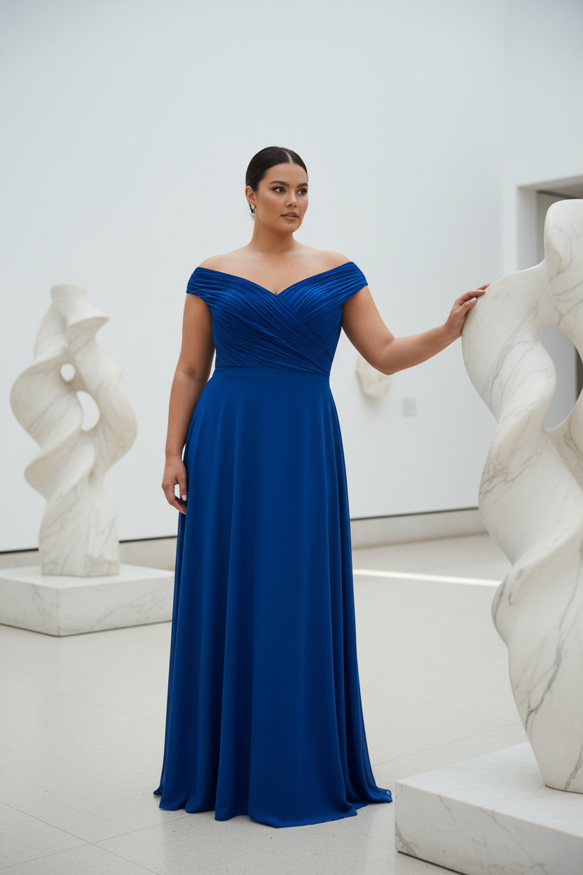 Vestido azul royal curvy en museo de arte moderno