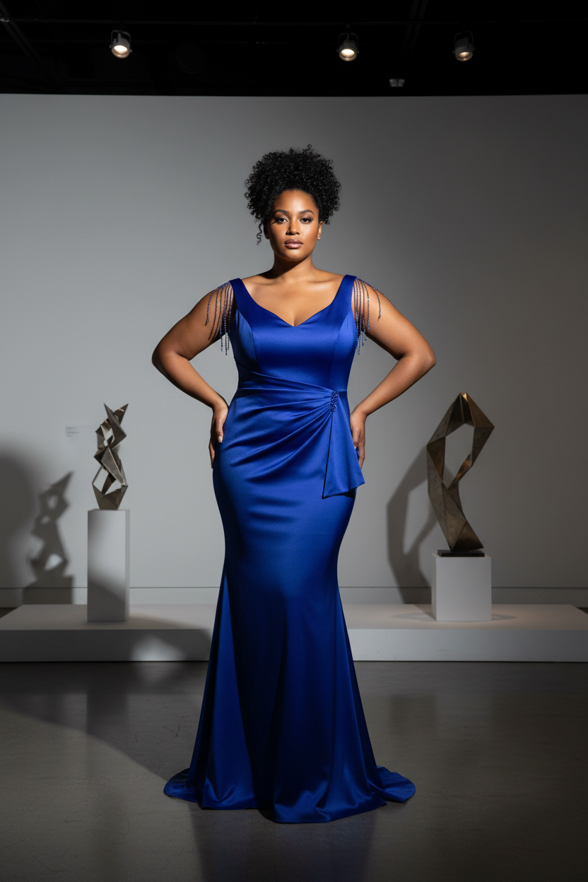 Vestido sirena azul klein curvy en galería de arte