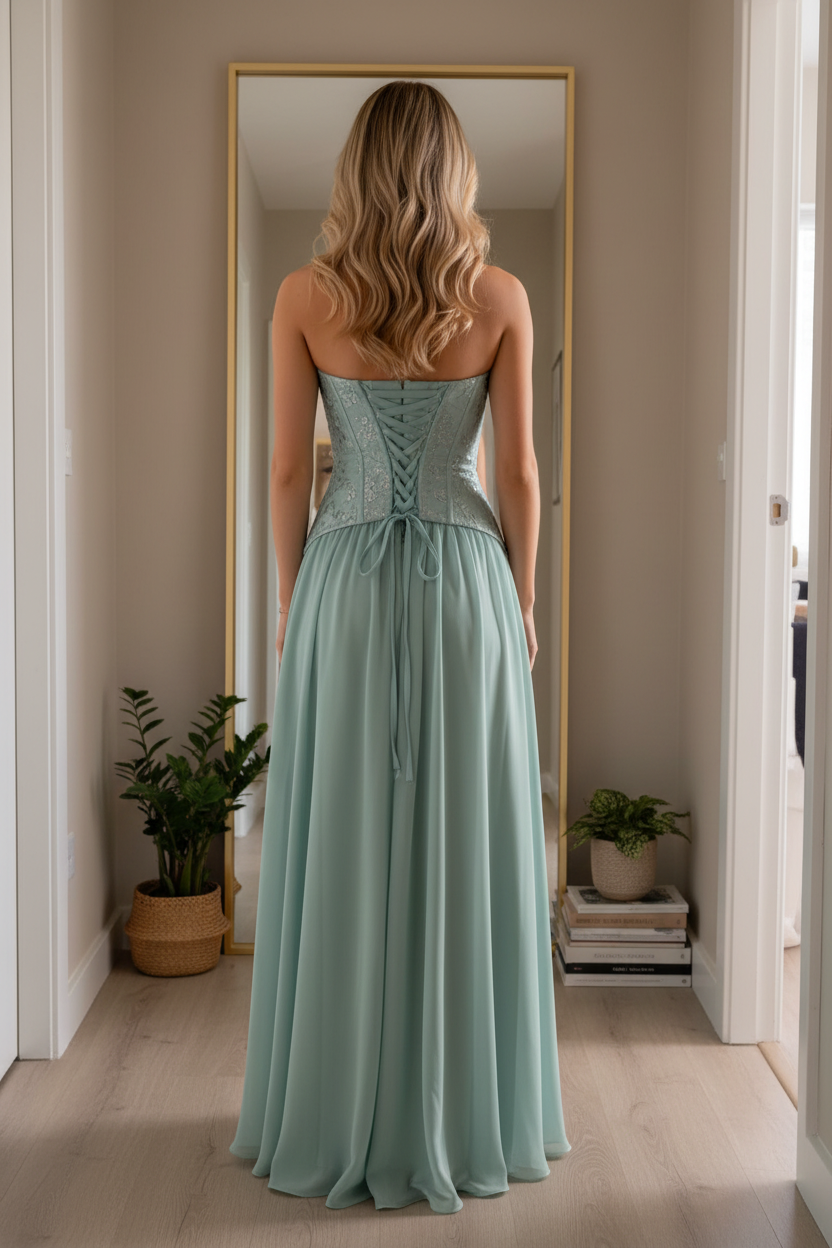 Vestido verde agua corset - de espaldas espejo casa