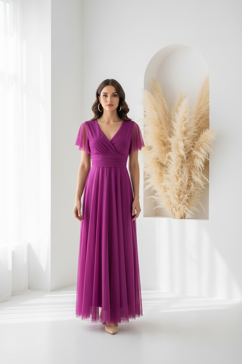 Vestido fucsia - pose frontal pendientes