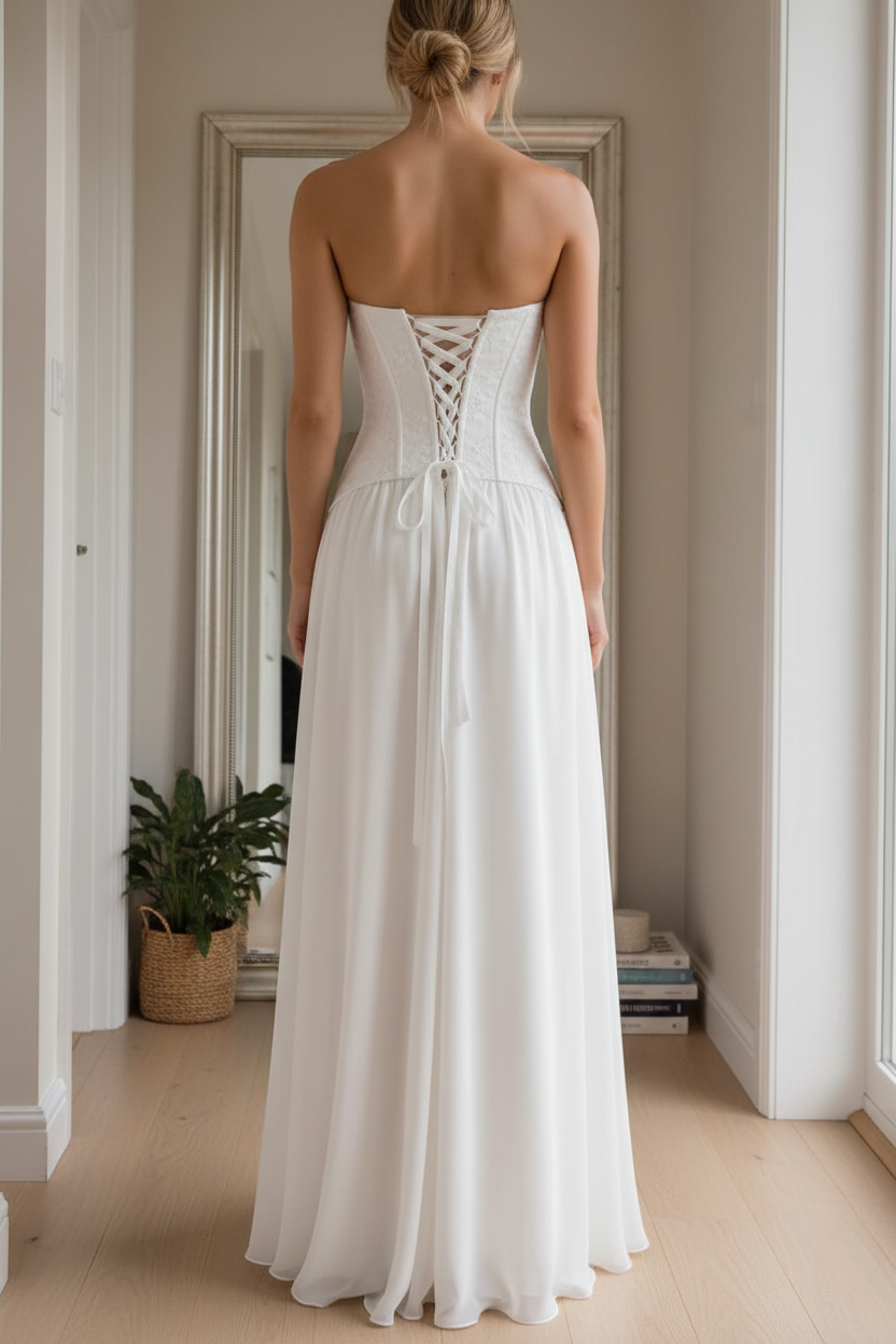 Vestido blanco corset - de espaldas espejo casa
