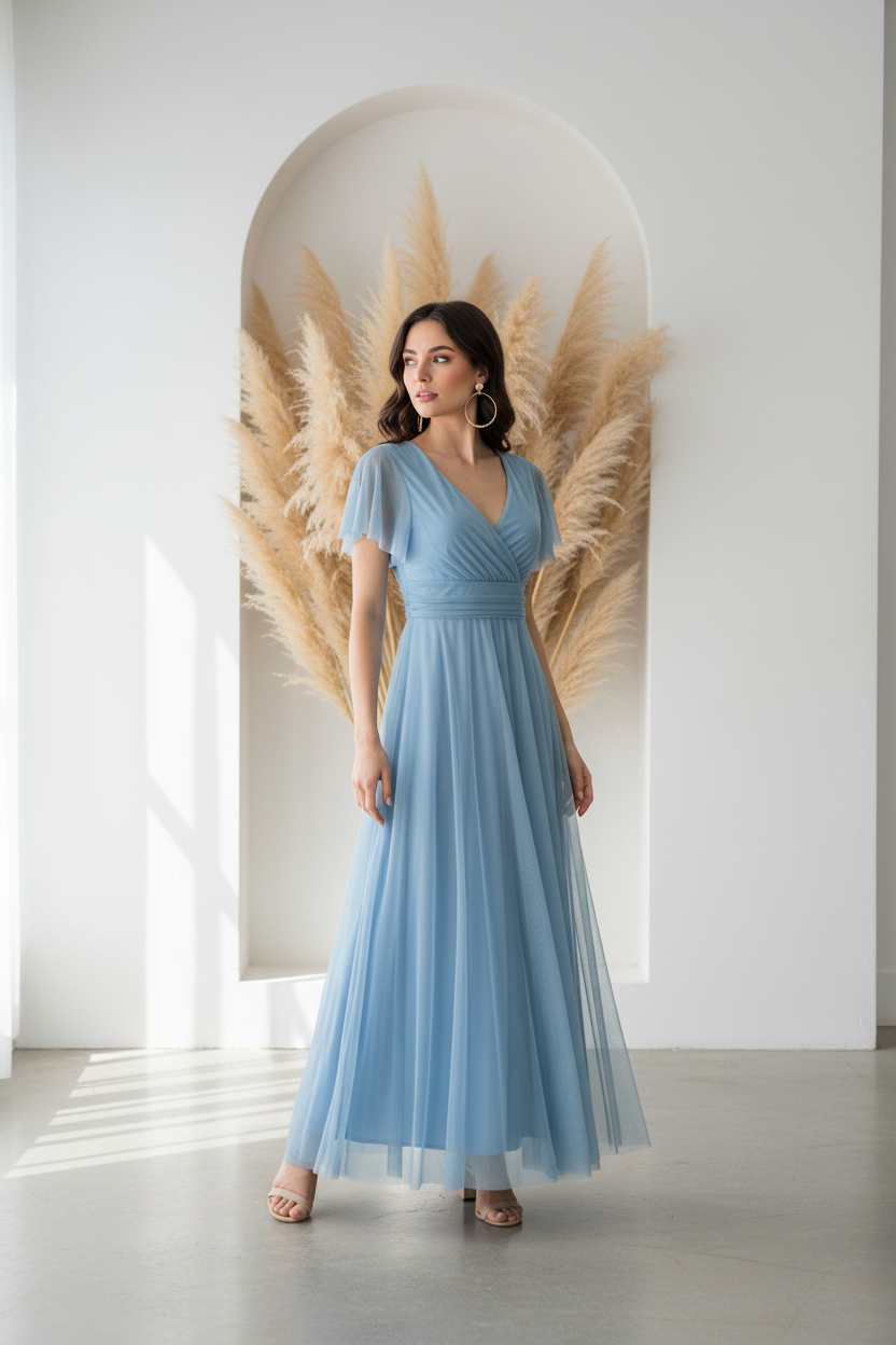 Vestido azul celeste - mirando al lado