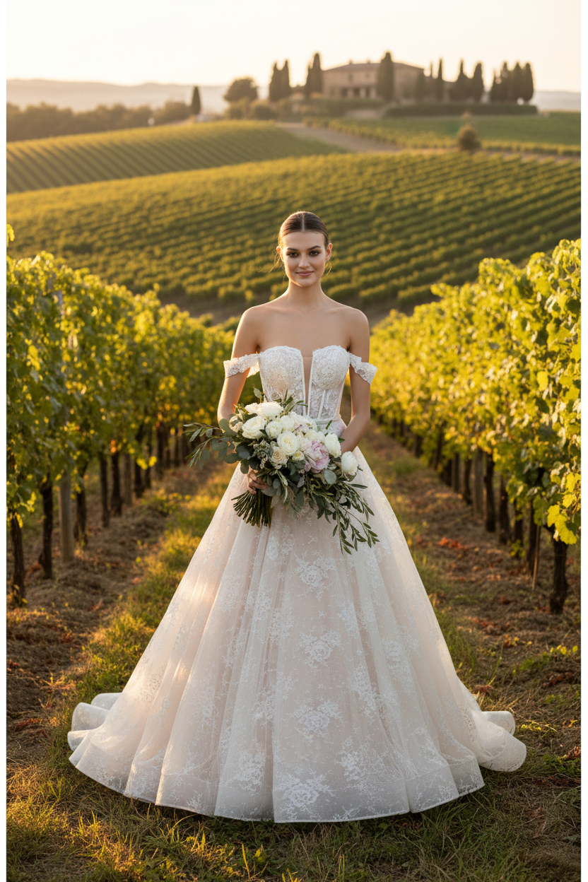 Vestido de Novia Isabel en viñedo toscano Italia