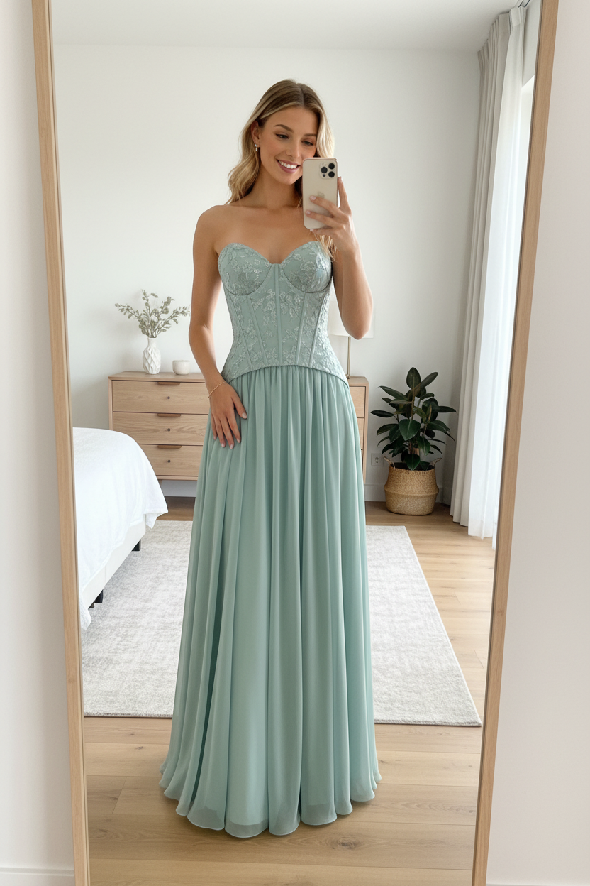 Vestido verde agua corset - de frente espejo casa
