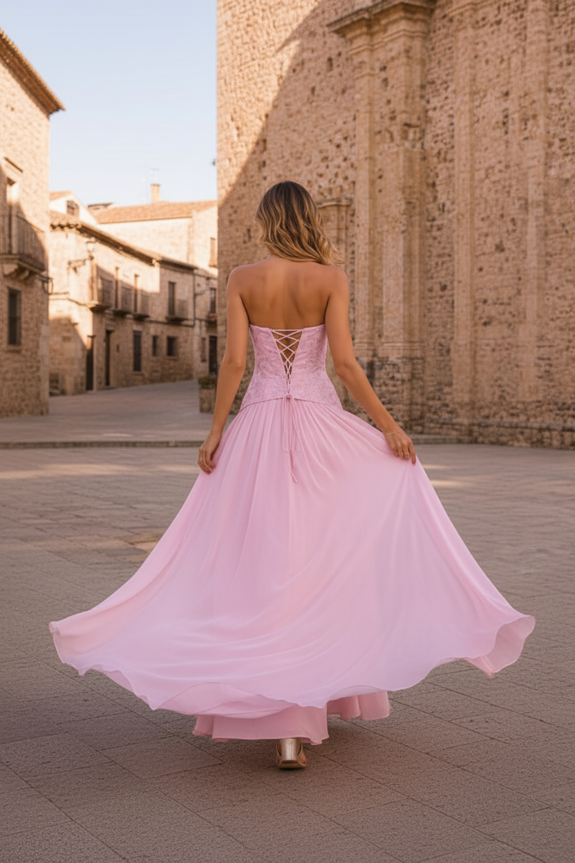 Vestido rosa corset - de espaldas plaza