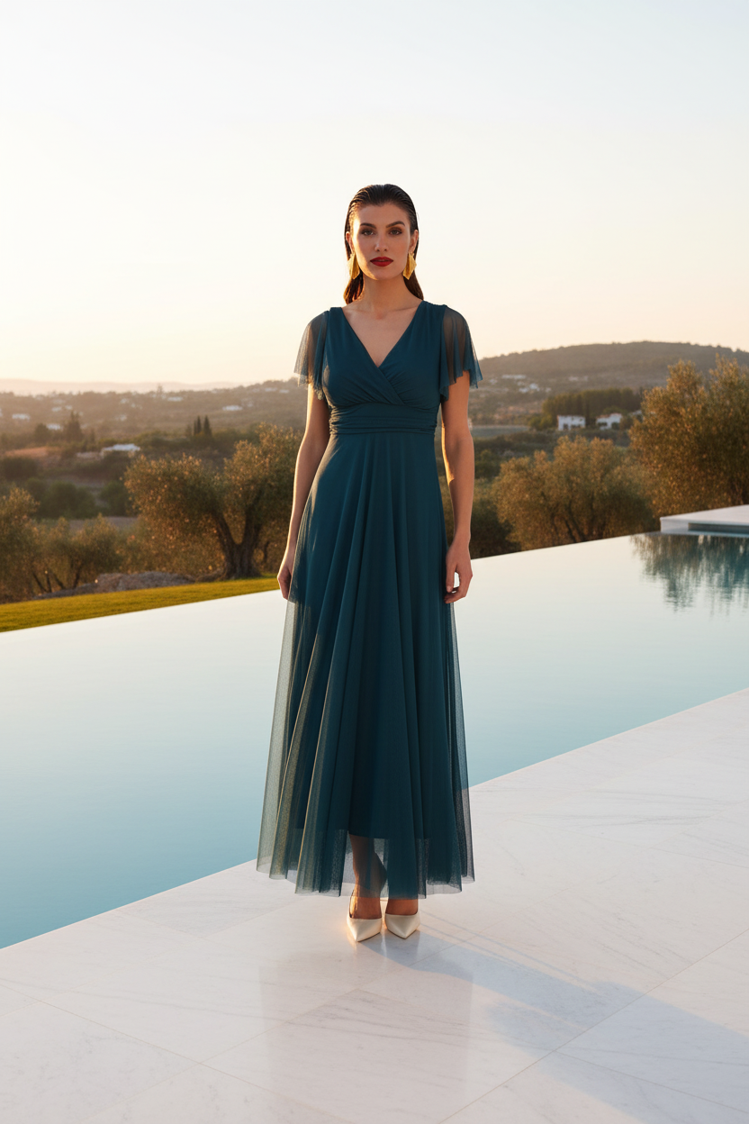 Vestido teal - frontal infinity pool