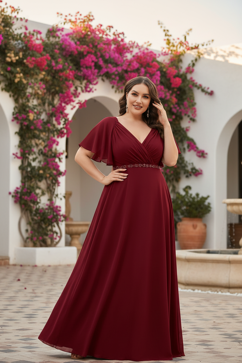 Vestido Gasa Manga Mariposa Rojo Cereza - Villa mediterránea