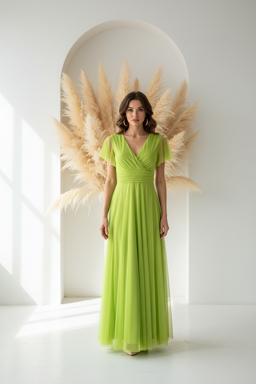 Vestido verde lima - pose frontal pendientes