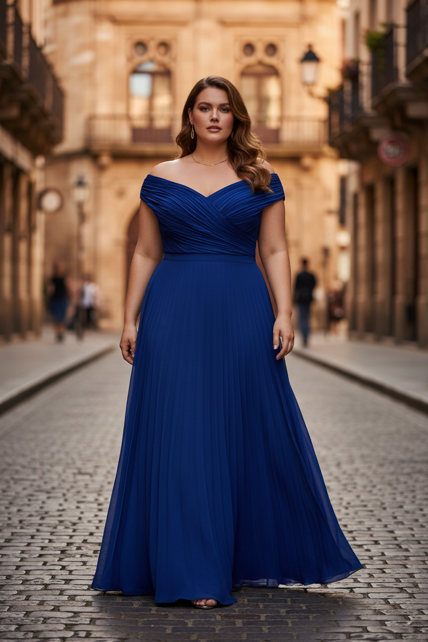 Vestido azul royal curvy en calle europea empedrada