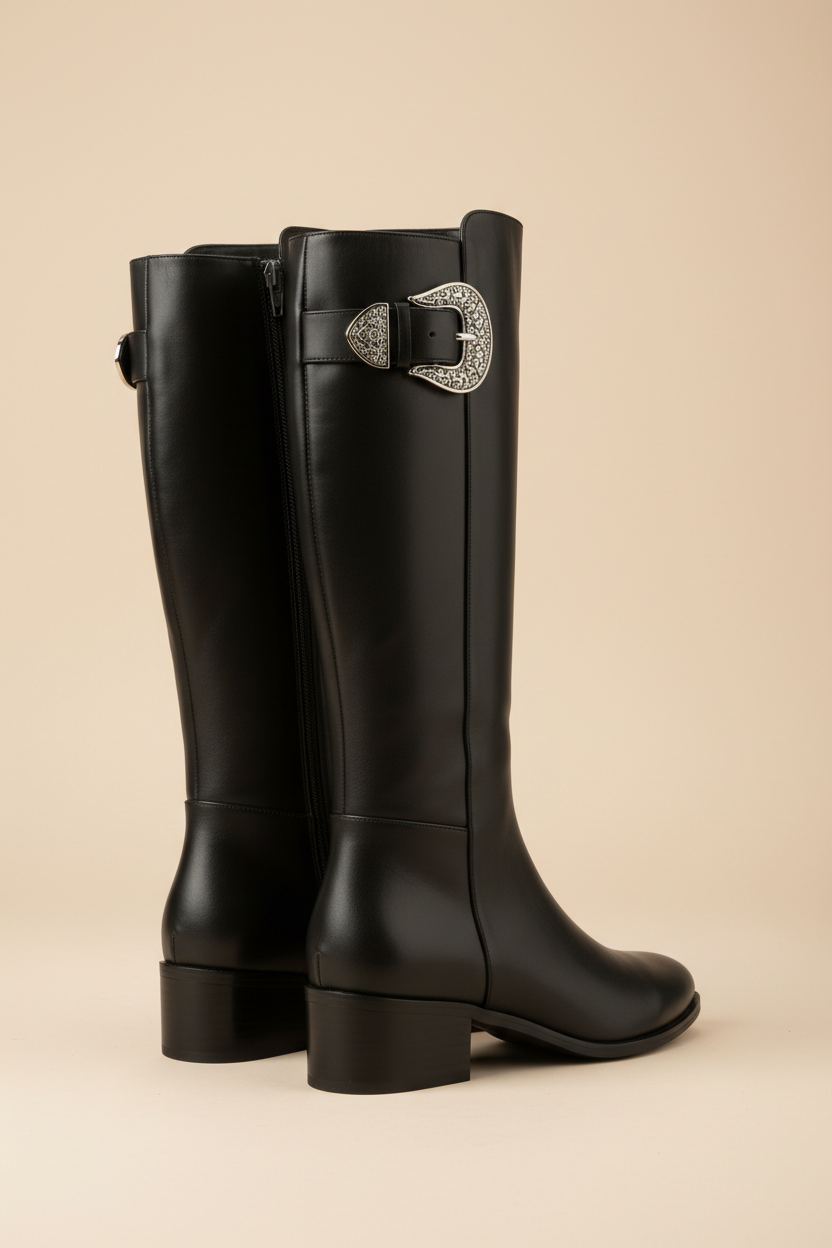 Botas altas elegantes negras con hebilla decorativa y tacón bajo - CYRENA BELIEVE