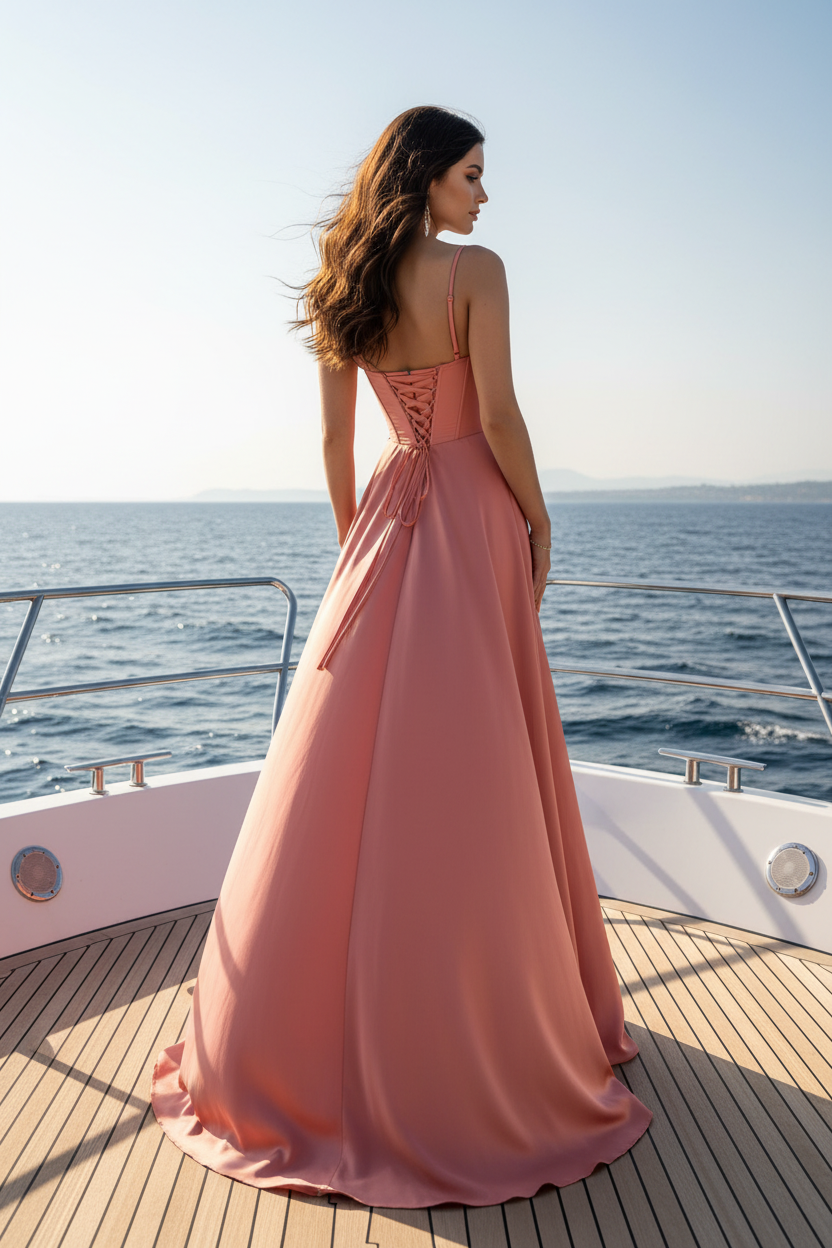 Vestido corset satén coral vista trasera cubierta de yate de lujo