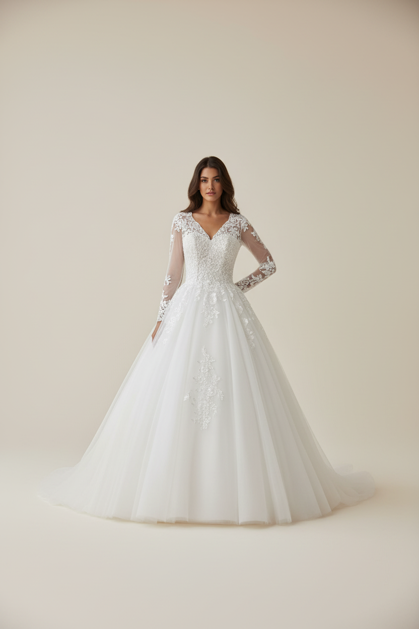 Vestido de novia princesa Bella con manga larga de encaje y falda de tul