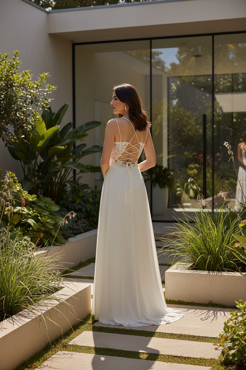 Vestido novia encaje corset - vista trasera jardín