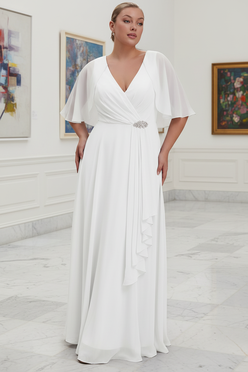 Vestido largo blanco con capa y broche, modelo talla 42-44, galería de arte