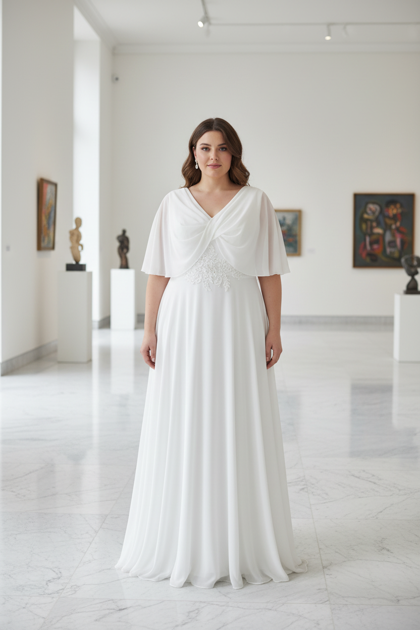 Vestido largo blanco con capa, modelo talla 46-48, galería de arte