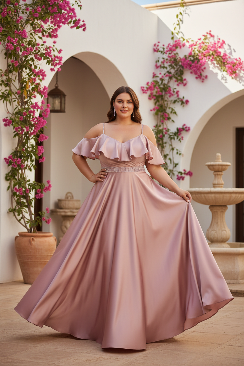 Modelo curvy con vestido de raso largo - Villa mediterránea