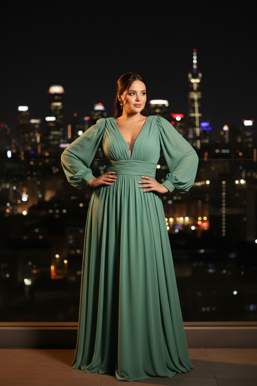 Vestido Gasa Manga Pistacho - Rooftop nocturno