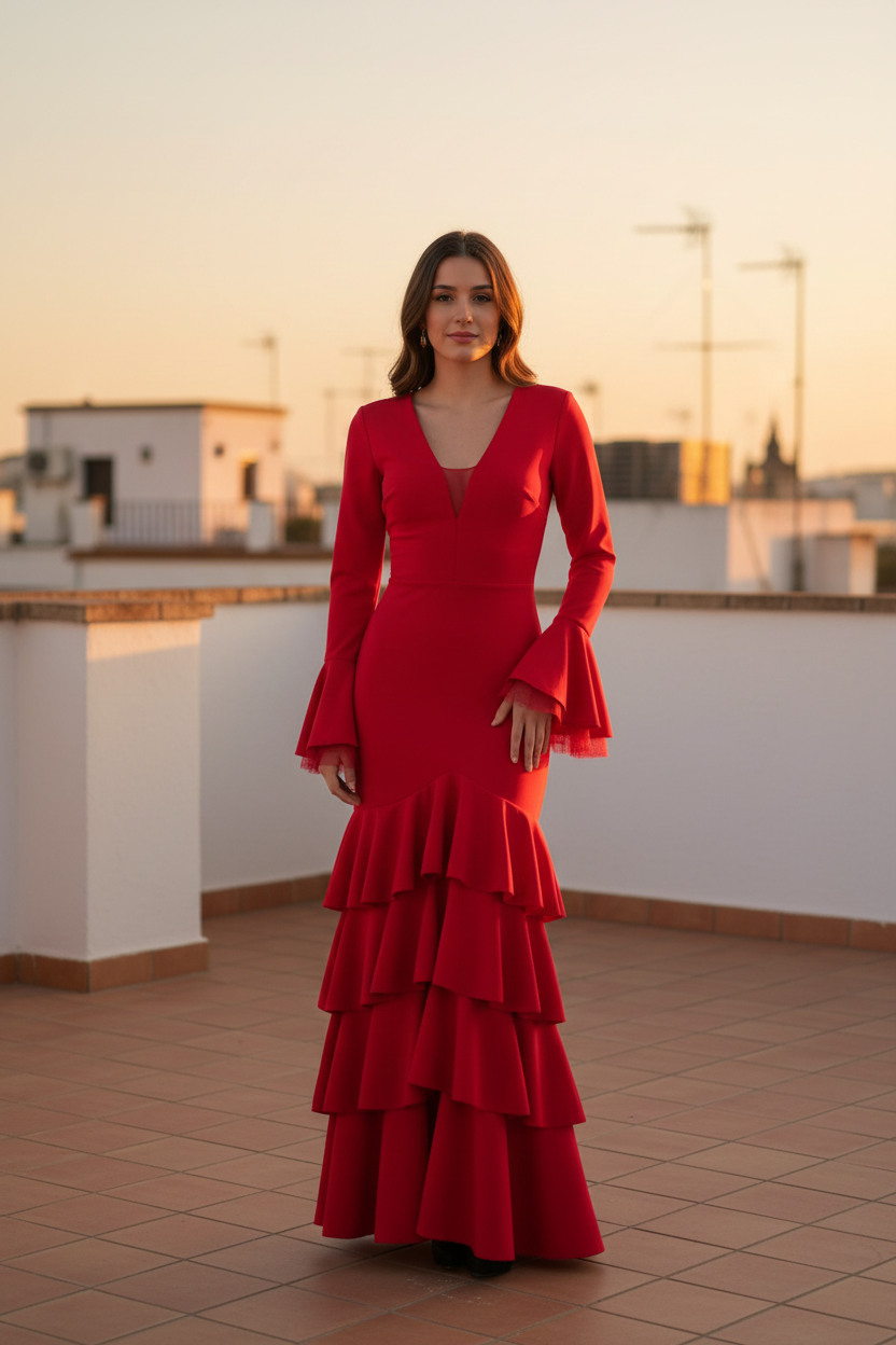 Vestido flamenca rojo rooftop Sevilla
