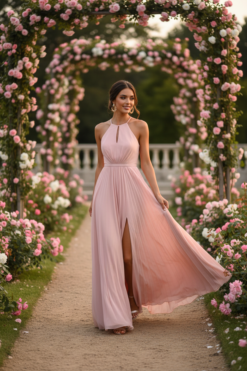 Vestido largo halter rosa palo - caminando