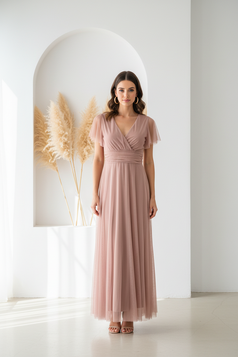 Vestido rosa palo - pose frontal pendientes