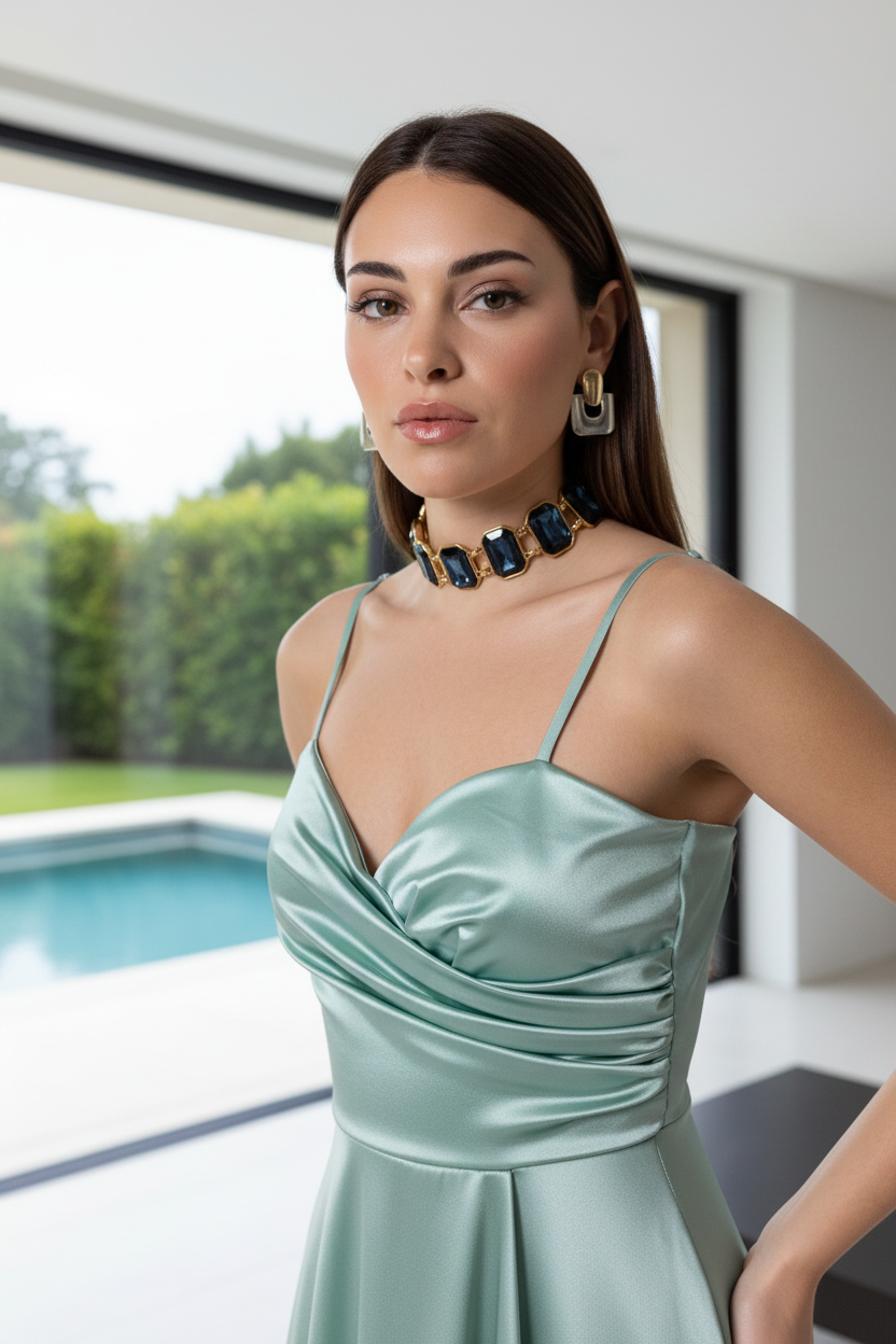 Vestido satén sage - detalle bodice interior villa