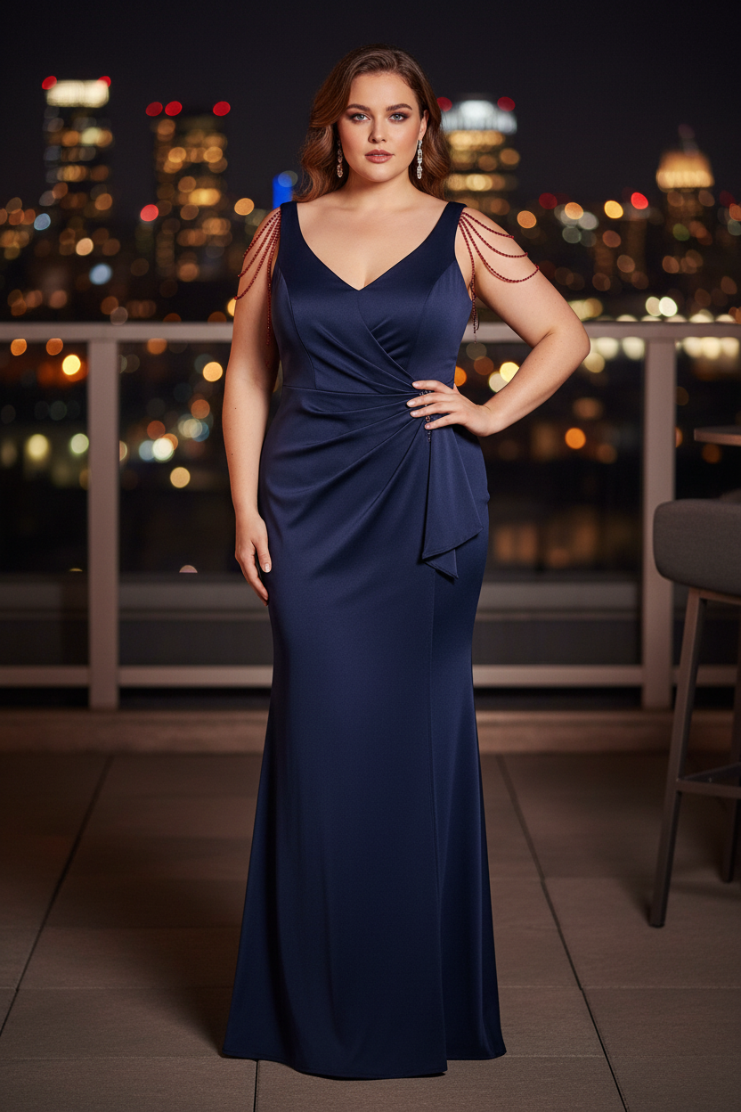 Vestido sirena marino curvy en rooftop bar nocturno