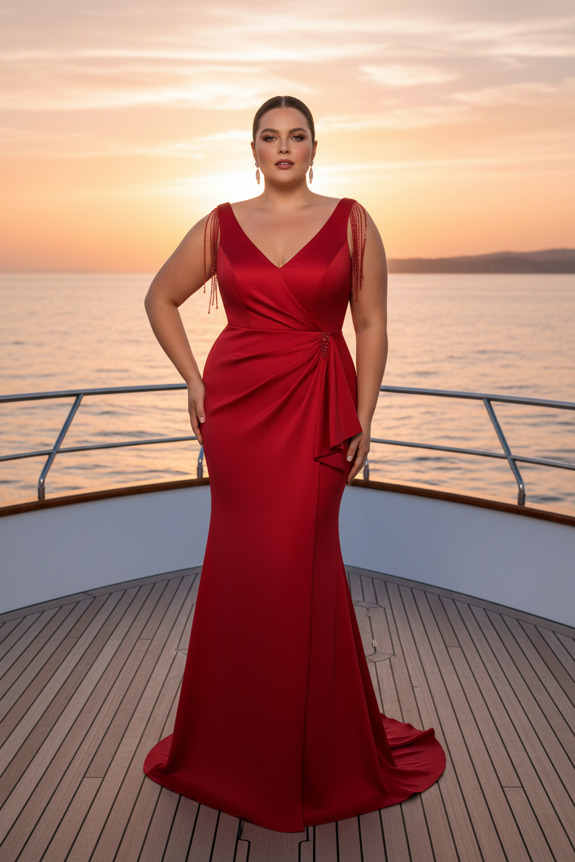Vestido sirena rojo curvy en yate de lujo