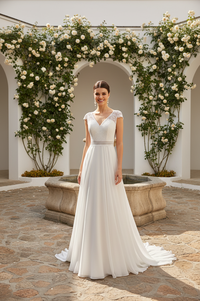 Vestido novia patio con fuente