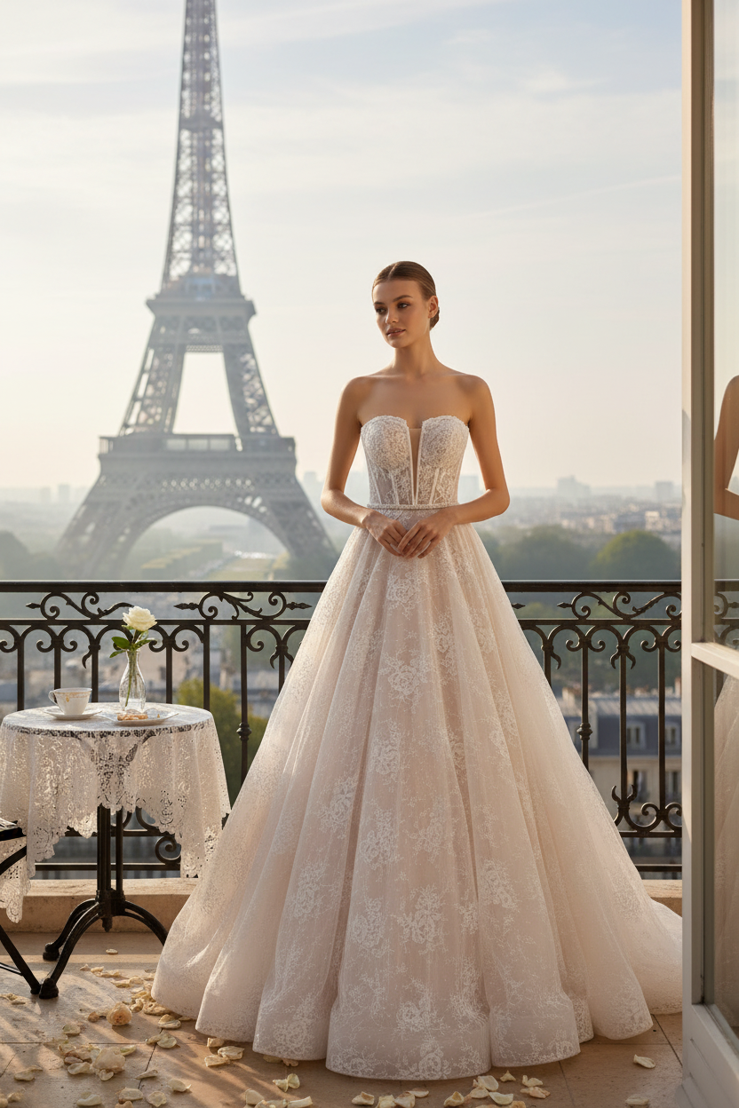 Vestido de Novia Isabel en balcón parisino