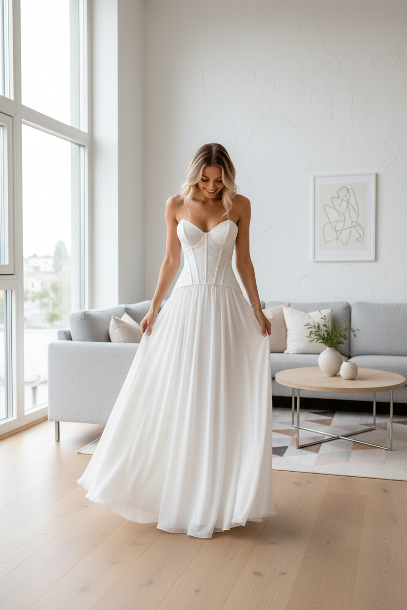 Vestido blanco corset - salón casa luz natural