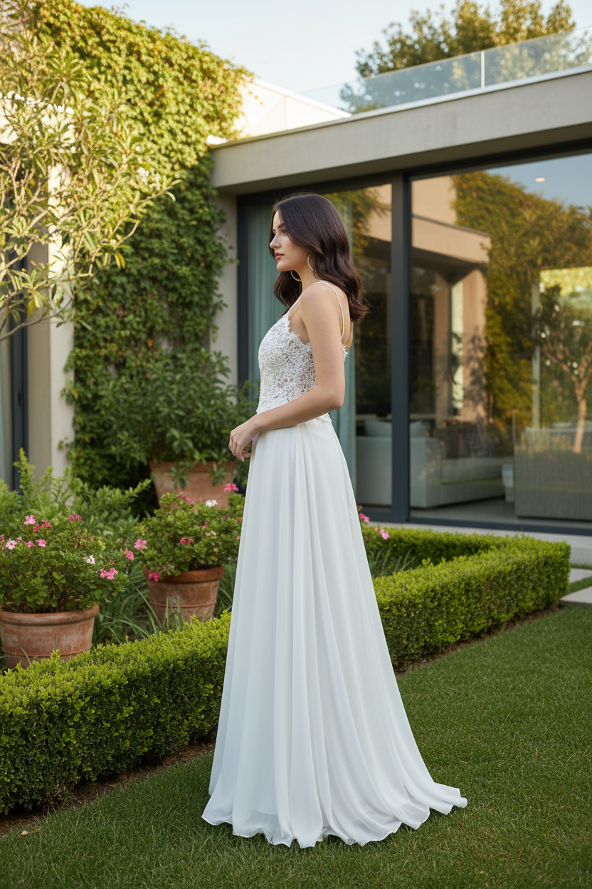 Vestido novia encaje corset - vista lateral jardín