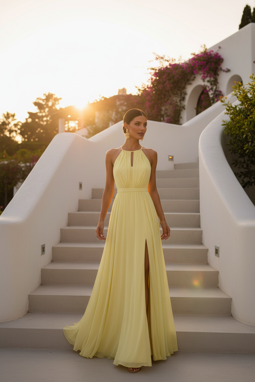 Vestido halter amarillo pastel - aspiracional villa mediterránea