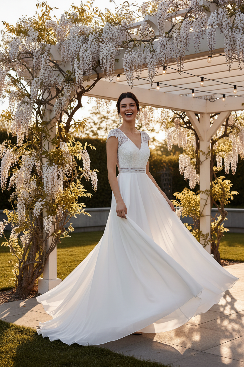 Vestido novia pérgola glicinas