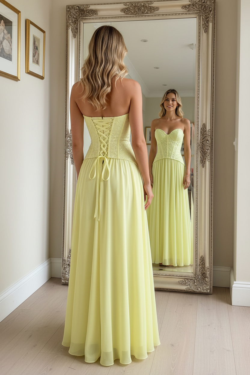 Vestido amarillo lima corset - de espaldas espejo casa