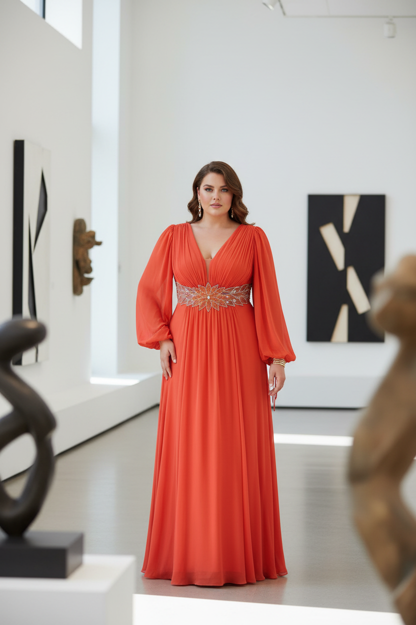 Vestido de gasa naranja curvy en galería de arte