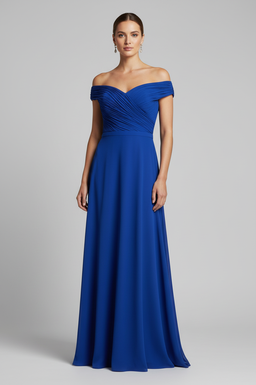 Vestido de gasa azul con abertura y escote en V fruncido